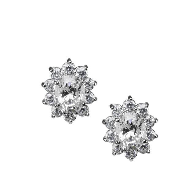 Aretes de botón con halo y zirconia cúbica ovalada en plata de ley, foto 1