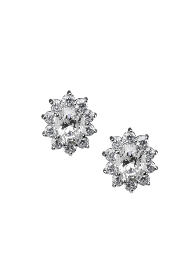 Aretes de botón con halo y zirconia cúbica ovalada en plata de ley, foto 1