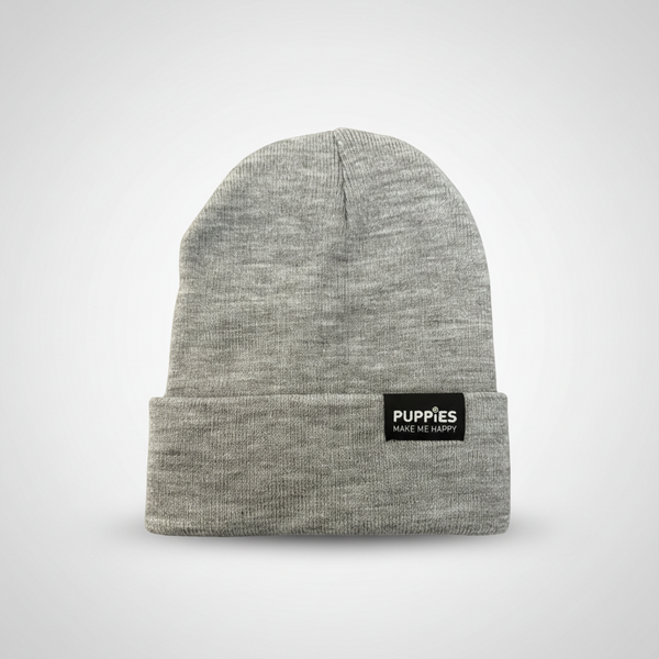 Puppies Make Me Happy Reversible Hipster Beanie in light grey