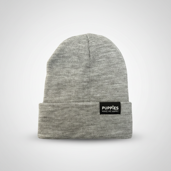 Puppies Make Me Happy Reversible Hipster Beanie in light grey