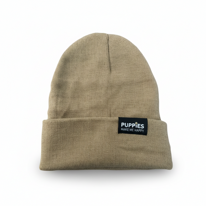 Puppies Make Me Happy Reversible Hipster Beanie in beige
