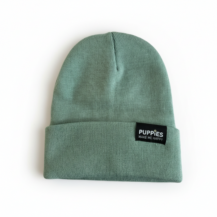 Puppies Make Me Happy Reversible Hipster Beanie in sage