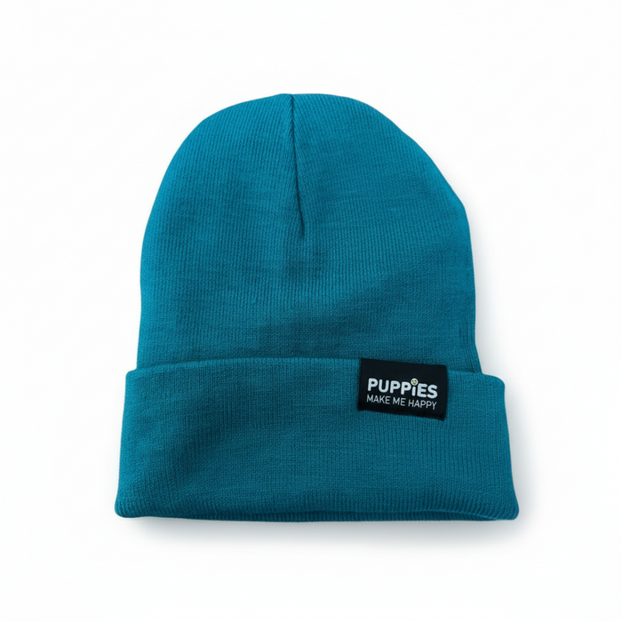 Puppies Make Me Happy Reversible Hipster Beanie in teal