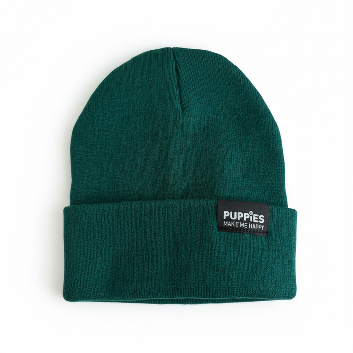 Puppies Make Me Happy Reversible Hipster Beanie in forrest green