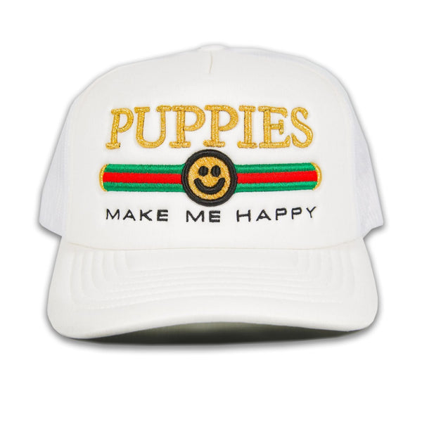 Pup Lux Metallic Gold Puff Embroidery Trucker Hat in white