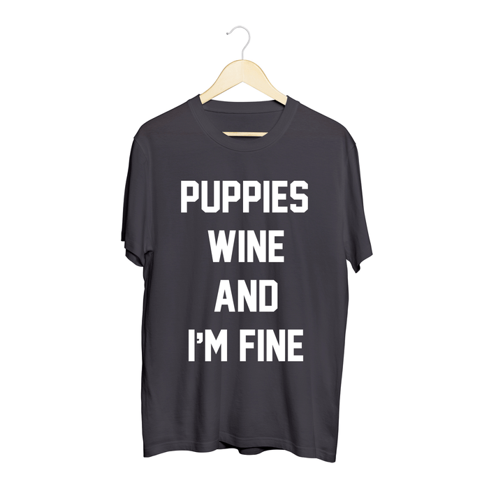 Puppies Wine & I'm Fine Unisex Crewneck Tee in puppies soft black