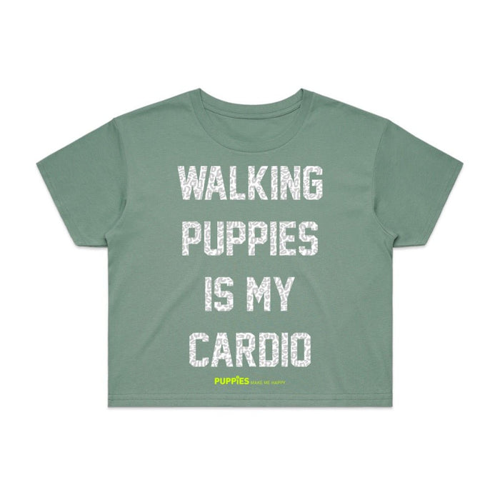 Walking Puppies is My Cardio Crop Tee in sage green