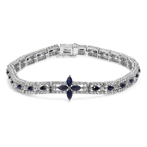 Dark Blue Sapphire and Topaz Marquise Floral Art Deco Link Bracelet in Sterling Silver, photo 1