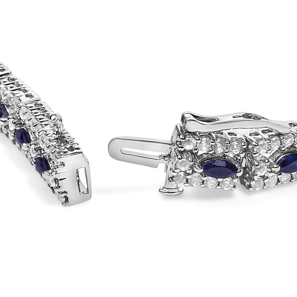 Dark Blue Sapphire and Topaz Marquise Floral Art Deco Link Bracelet in Sterling Silver, photo 2