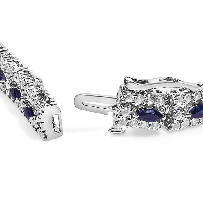 Pulsera de eslabones floral Art Déco con marquesas de zafiro azul oscuro y topacio en plata de ley, foto 2