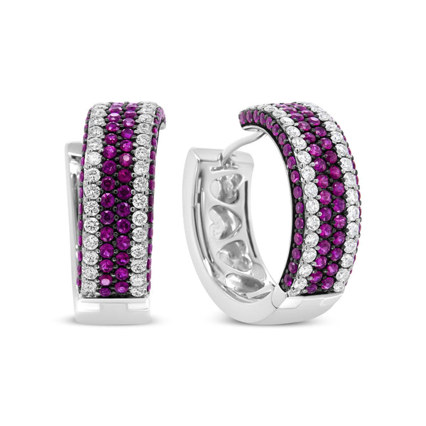 1 7/8 Ct. T.W. Diamond and 1mm Round Red Ruby Open Swish Hoop Earrings in 18K White Gold, photo 1