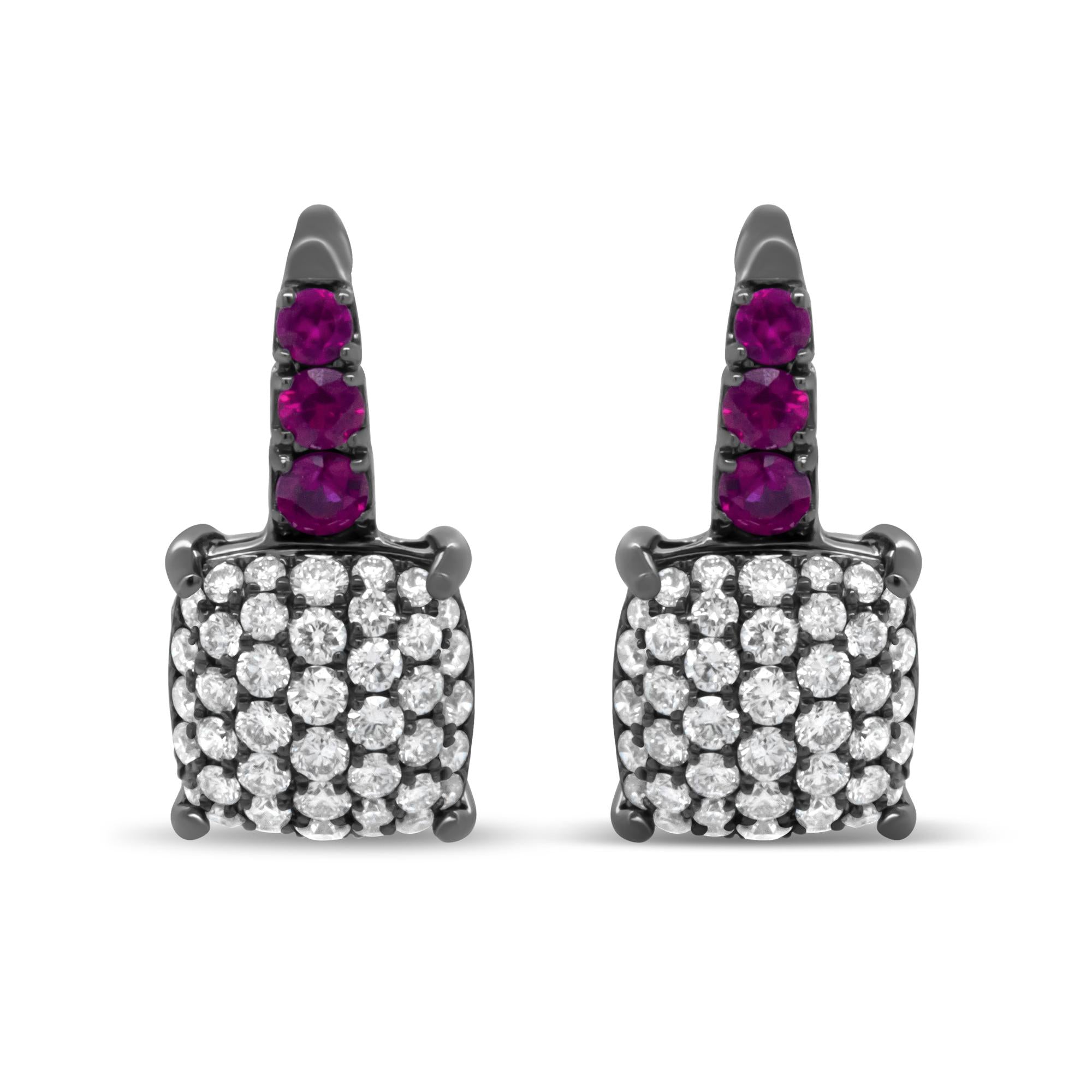 7/8 Ct. T.W. Black Rhodium Plated Round Diamond and Graduated Red Ruby Drop Earrings in 18K White Gold, photo 1