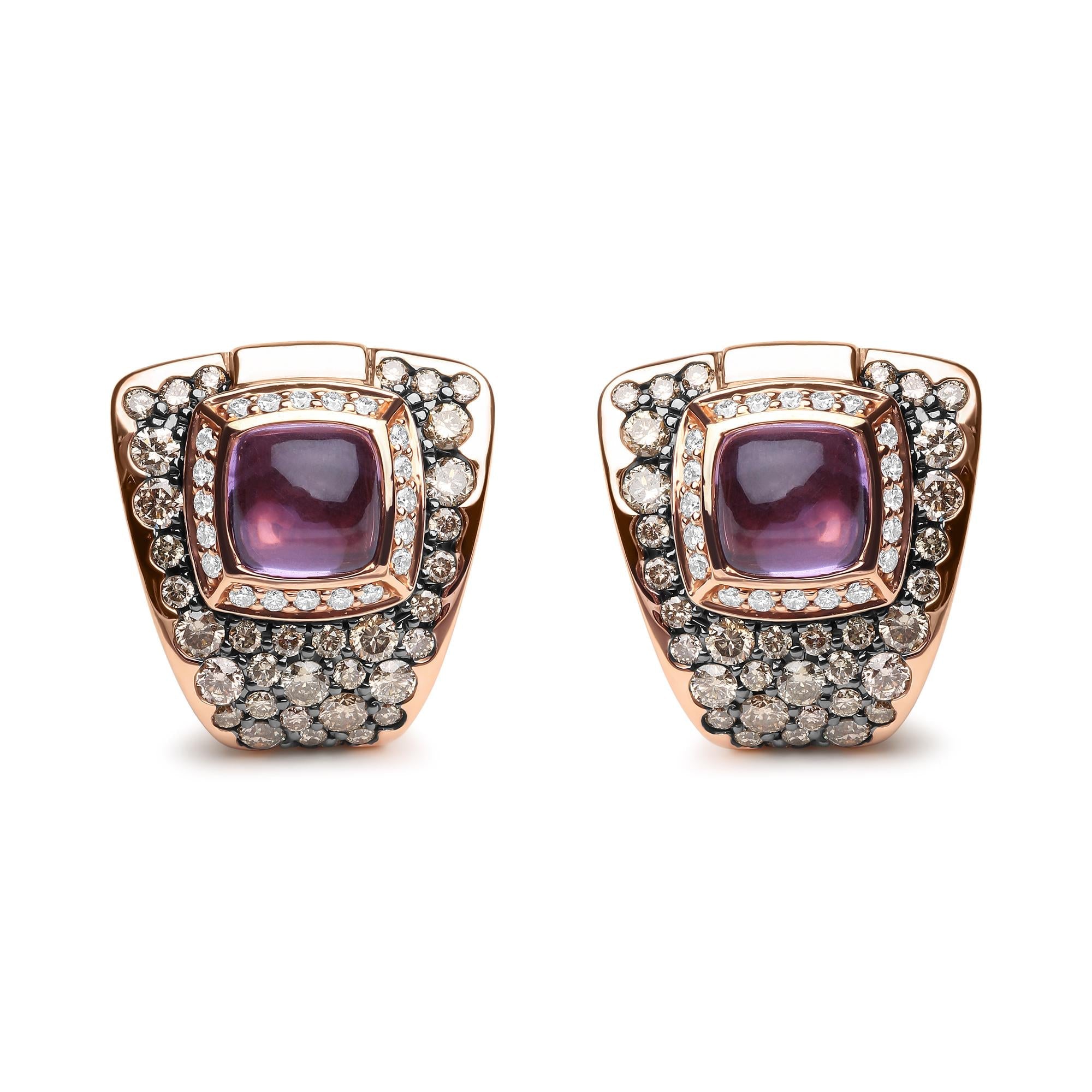 1 1/2 Ct. T.W. White and Treated Brown Diamond and 7mm Purple Amethyst Geometric Stud Earrings in 18K Rose Gold, photo 1