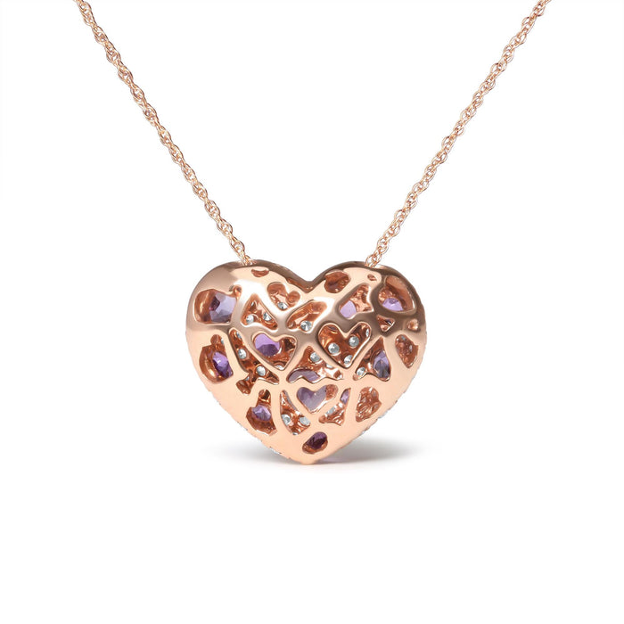 Collar con colgante de corazón en racimo con diamantes y amatista morada de 3/4 ct. p.t. en oro rosa de 18K, foto 4