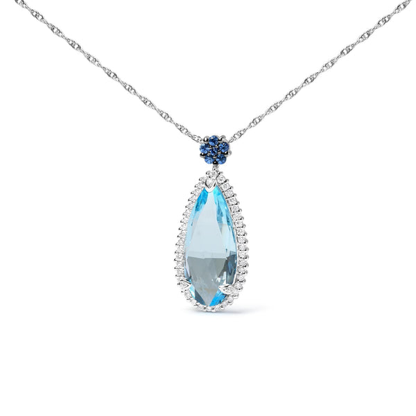 3/8 Ct. T.W. Diamond, Sky Blue Topaz and Blue Sapphire Floral Teardrop Halo Pendant Necklace in 18K White Gold, photo 1