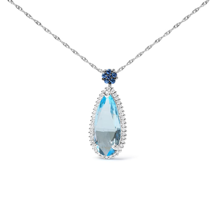 Collar con colgante de lágrima con diamantes de 3/8 ct. p.t., topacio azul cielo y zafiro azul en oro blanco de 18K, foto 1