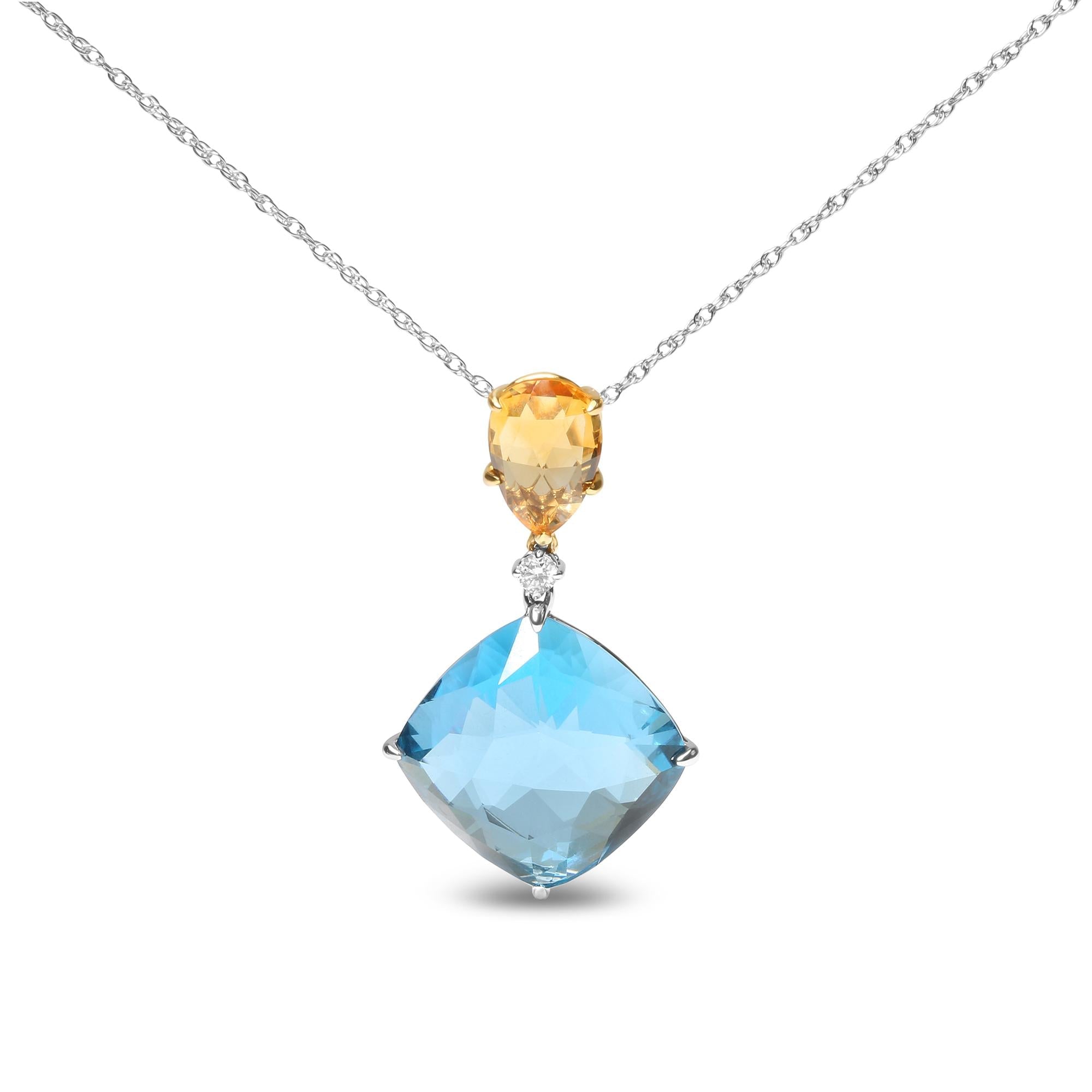 Diamond Accent and Yellow Citrine and Sky Blue Topaz Gemstone Dangle Drop Pendant Necklace in 18K White and Yellow Gold, photo 1