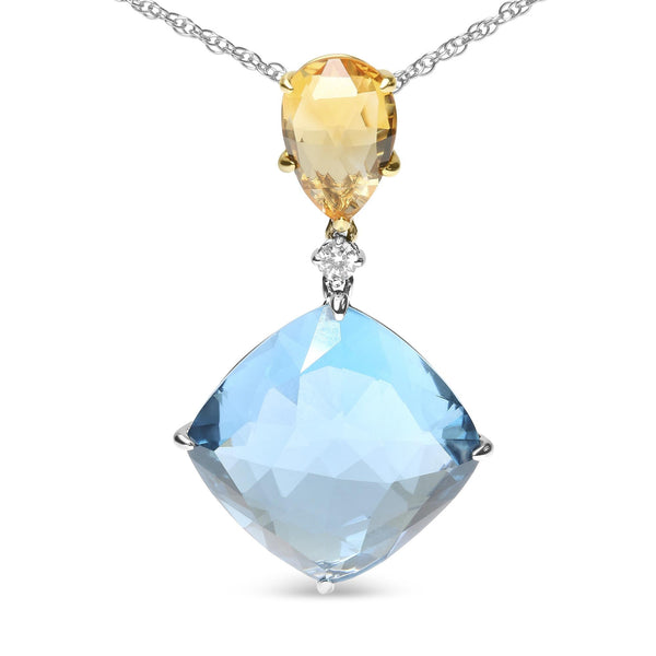 Diamond Accent and Yellow Citrine and Sky Blue Topaz Gemstone Dangle Drop Pendant Necklace in 18K White and Yellow Gold, photo 2