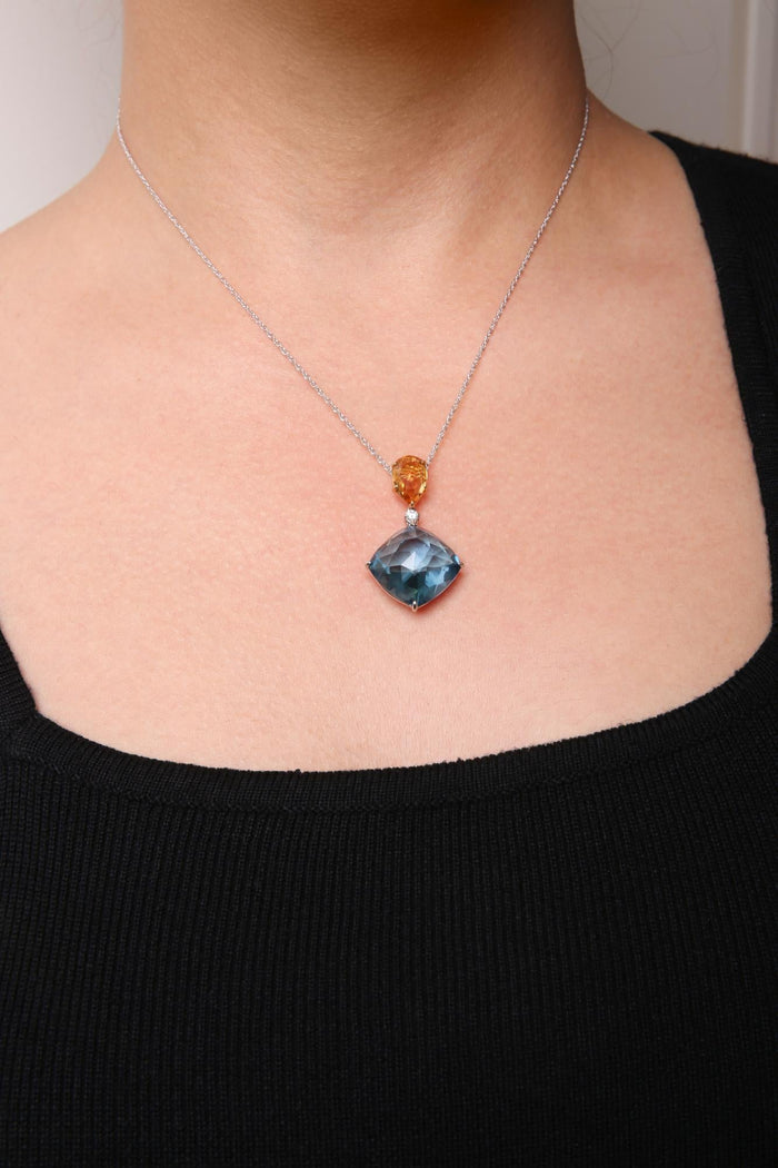 Diamond Accent and Yellow Citrine and Sky Blue Topaz Gemstone Dangle Drop Pendant Necklace in 18K White and Yellow Gold, photo 3