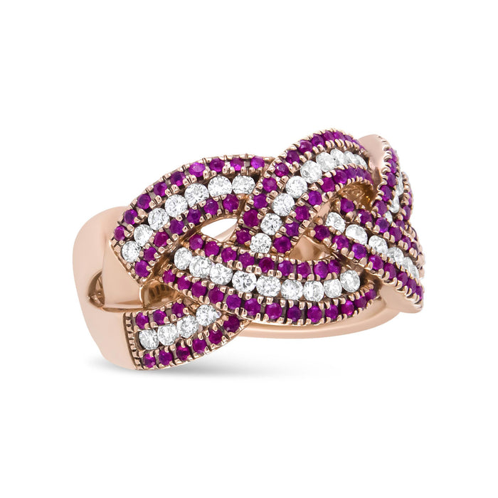 7/8 Ct. T.W. Red Ruby and Diamond Woven Braided Band Ring in 18K Rose Gold, photo 2