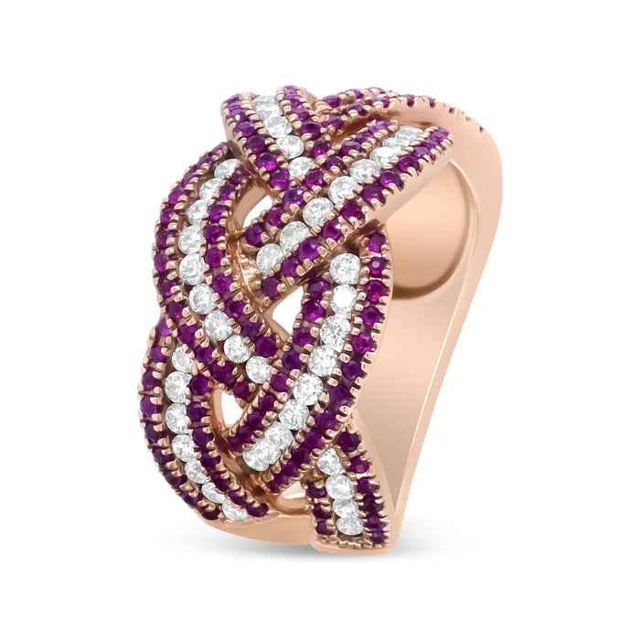 7/8 Ct. T.W. Red Ruby and Diamond Woven Braided Band Ring in 18K Rose Gold, photo 5