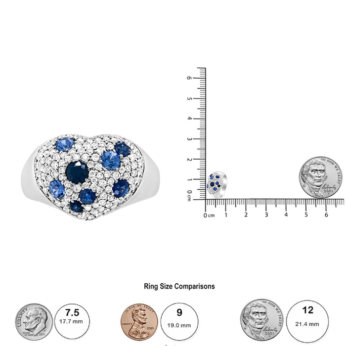 Anillo de racimo en forma de corazón con zafiro azul y diamantes de 5/8 ct. p.t. en oro blanco de 18K, foto 6