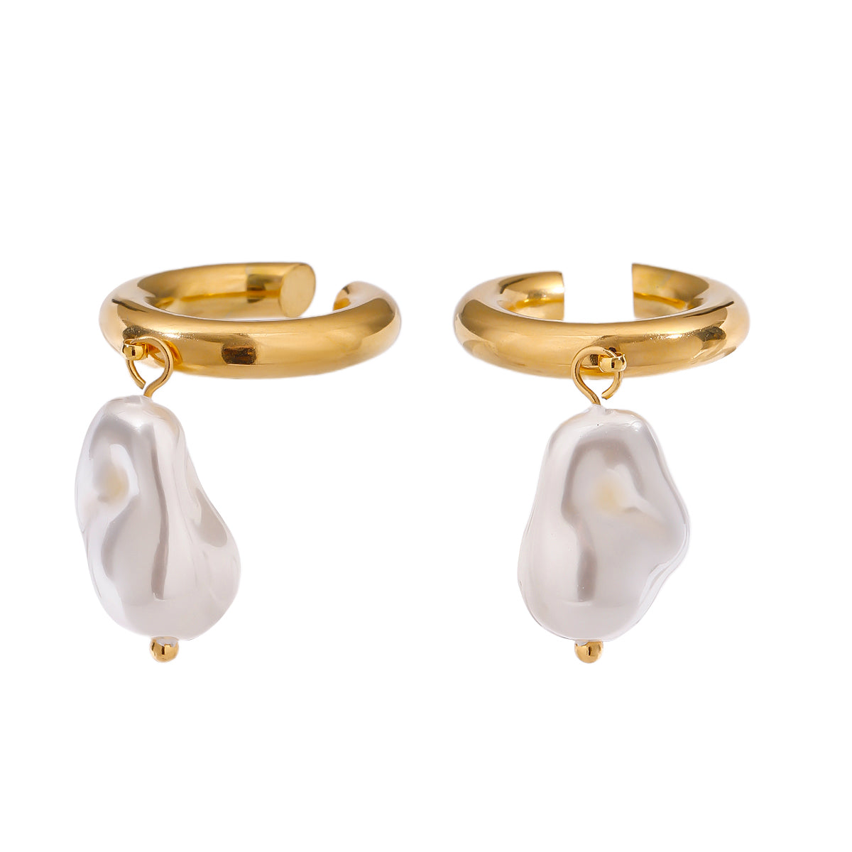 Gold tone huggie hoop earrings, 18K gold plated, with chunky rounded hoops and dangling baroque-style pearl drops, hinge not visible, no other stones visible.