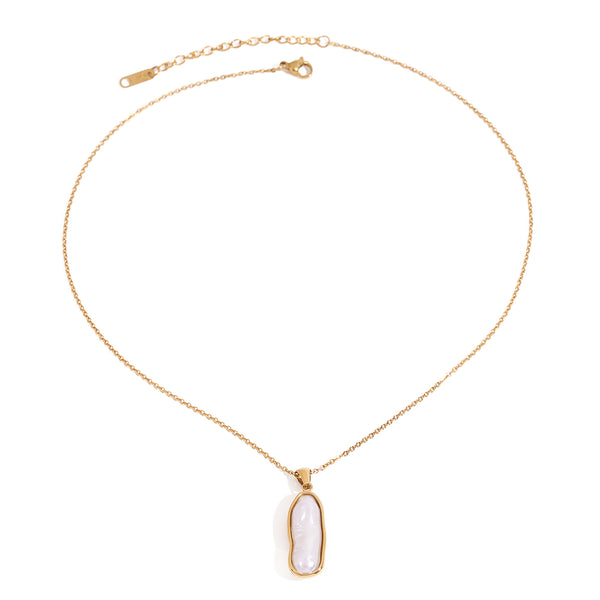 Gold tone pendant necklace, 18K gold plated, on a fine cable chain with an elongated pearl-style drop pendant in a bezel setting, lobster clasp and extender visible, no other stones visible.