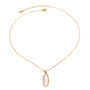 Gold tone pendant necklace, 18K gold plated, on a fine cable chain with an elongated pearl-style drop pendant in a bezel setting, lobster clasp and extender visible, no other stones visible.