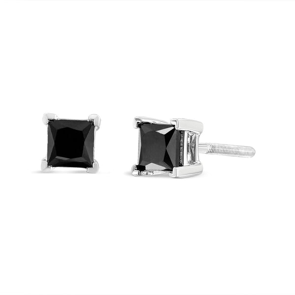 Princess-Cut Square Treated Black Diamond Classic 4-Prong Stud Earrings with Screw Backs in Sterling Silver, photo 2