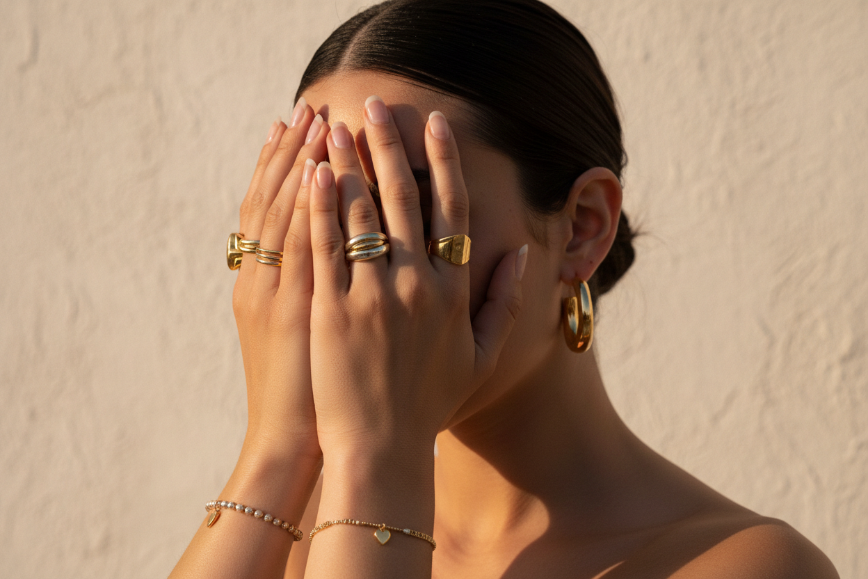 Candid, sunlit close-up of a Gen Z model's hands covering her face, with slicked-back dark hair. She is wearing a delicate beaded bracelet with a heart charm, several thin gold rings, and a prominent two-tone chunky ring. Her nails have a minimalist, barely-there polish. Large, sculptural gold earrings are visible, complementing the warm glow of the golden hour lighting against a textured, light background, evoking a playful and stylish mood.