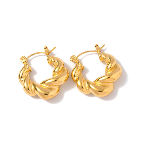 Gold tone hoop earrings, 18K gold plated, shaped as chunky twisted hoops with a rope-like sculpted profile and mirror high-polish finish, no stones visible, post visible.