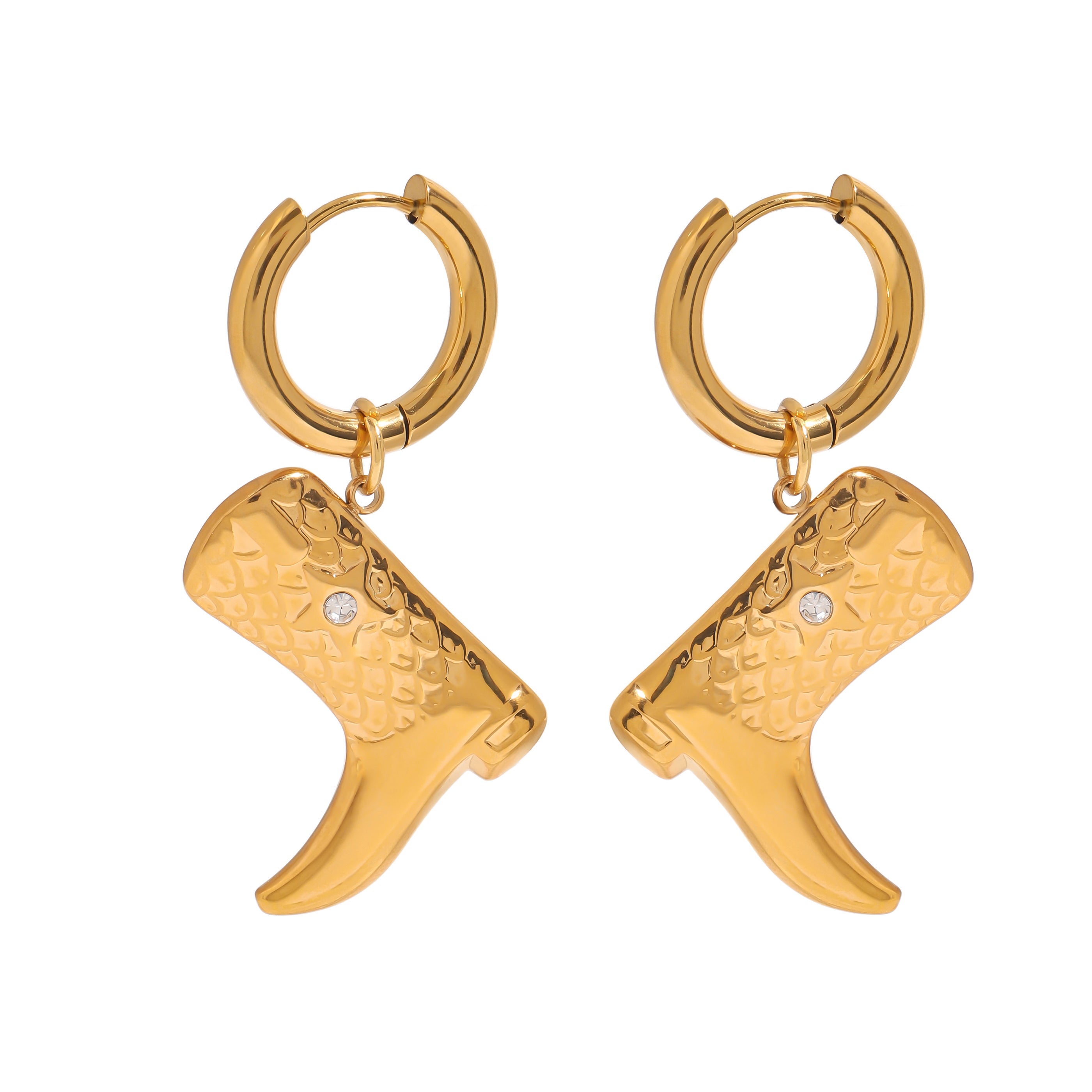 Gold tone hoop earrings, 18K gold plated, with small hinged hoops and dangling cowgirl boot charm motifs featuring textured detailing and a tiny clear crystal accent, no other stones visible.