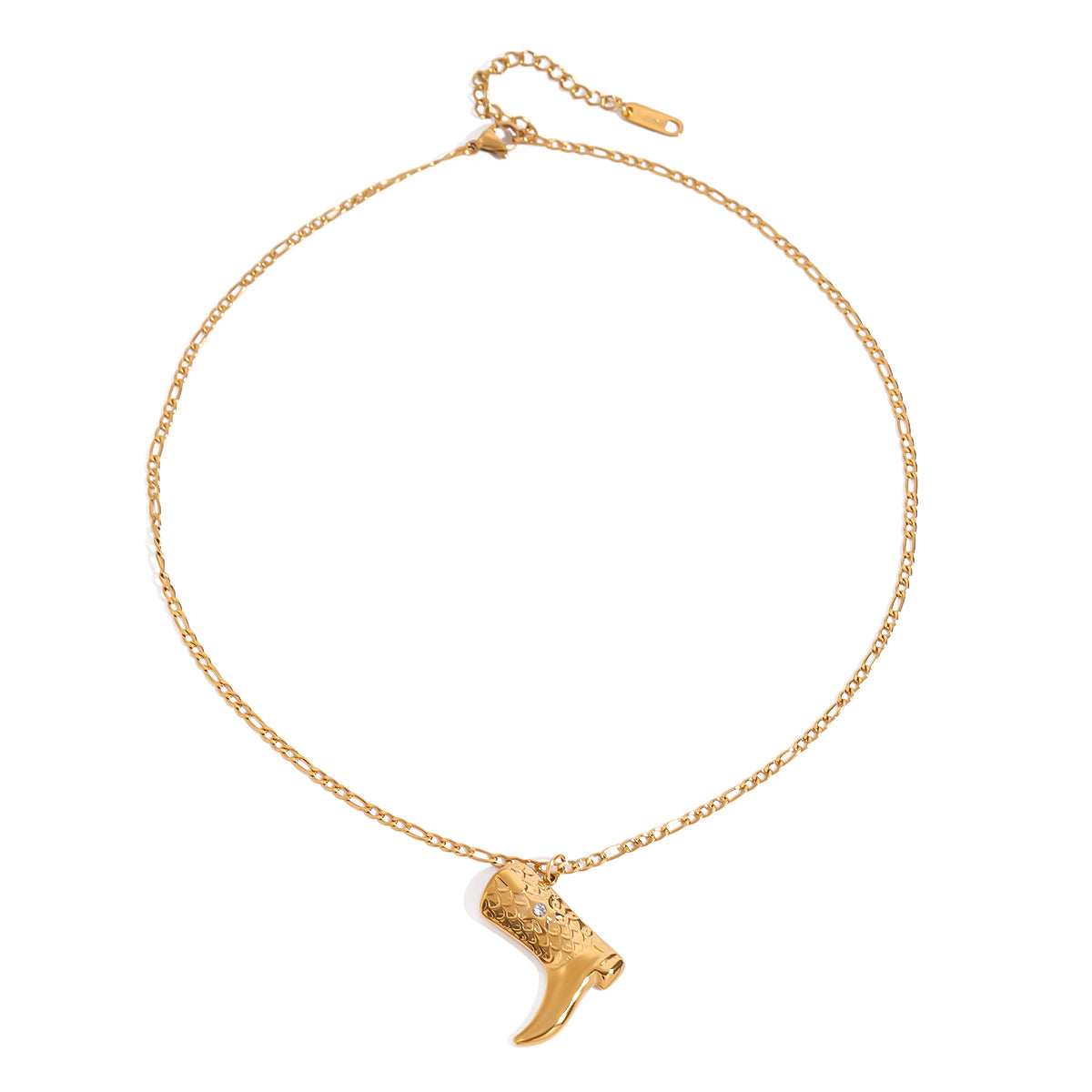 Gold tone pendant necklace, 18K gold plated, on a fine cable chain with an etched cowgirl boot charm and tiny clear crystal accent, lobster clasp and extender visible.