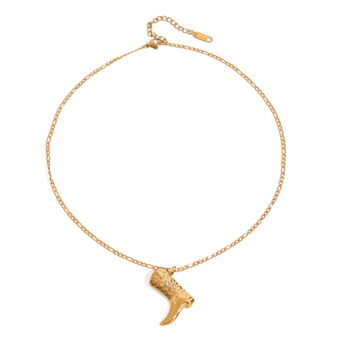 Gold tone pendant necklace, 18K gold plated, on a fine cable chain with an etched cowgirl boot charm and tiny clear crystal accent, lobster clasp and extender visible.