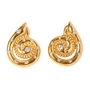 Gold tone spiral stud earrings, 18K gold plated, with a coiled rope-texture motif and scattered clear crystal accents including a larger center crystal, no other stones visible, post-back not visible.