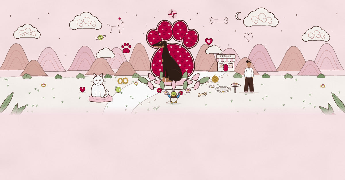 Dante the Doberman sits in front of a giant raspberry paw print in a pink, hand-drawn world, with the FURPPL boutique, a white cat and jewelry along the path.