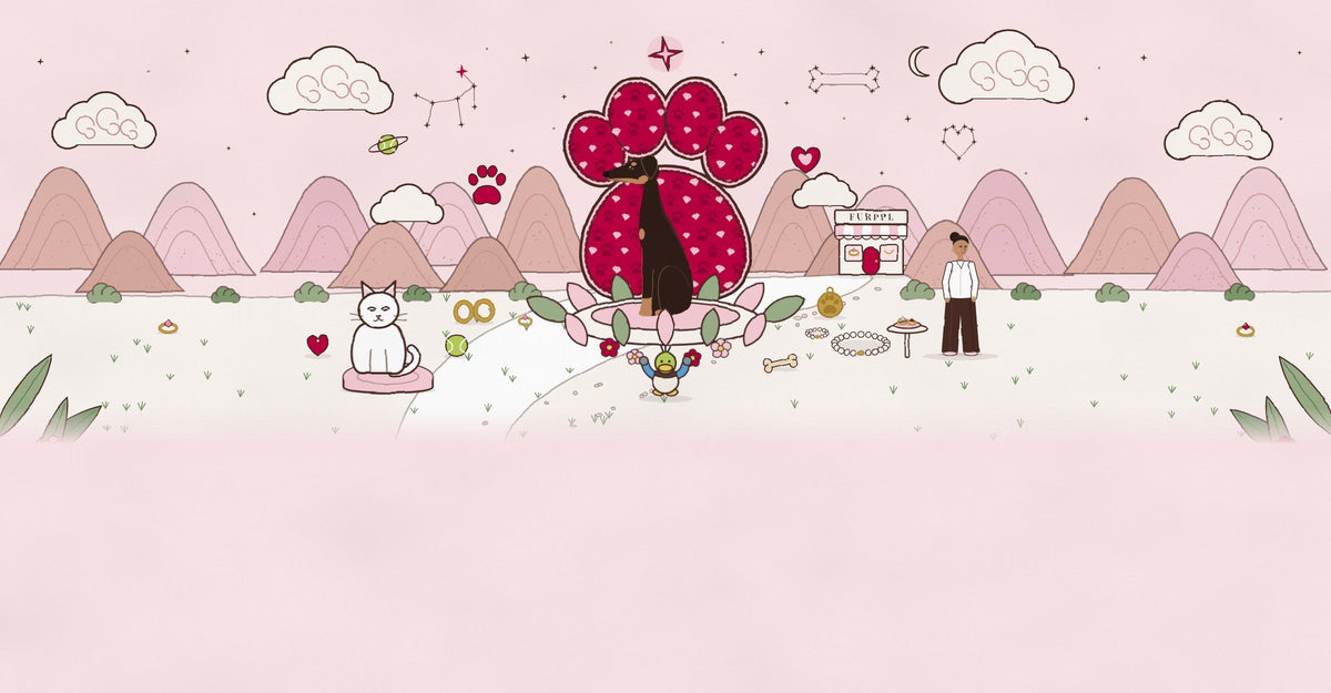 Dante the Doberman sits in front of a giant raspberry paw print in a pink, hand-drawn world, with the FURPPL boutique, a white cat and jewelry along the path.