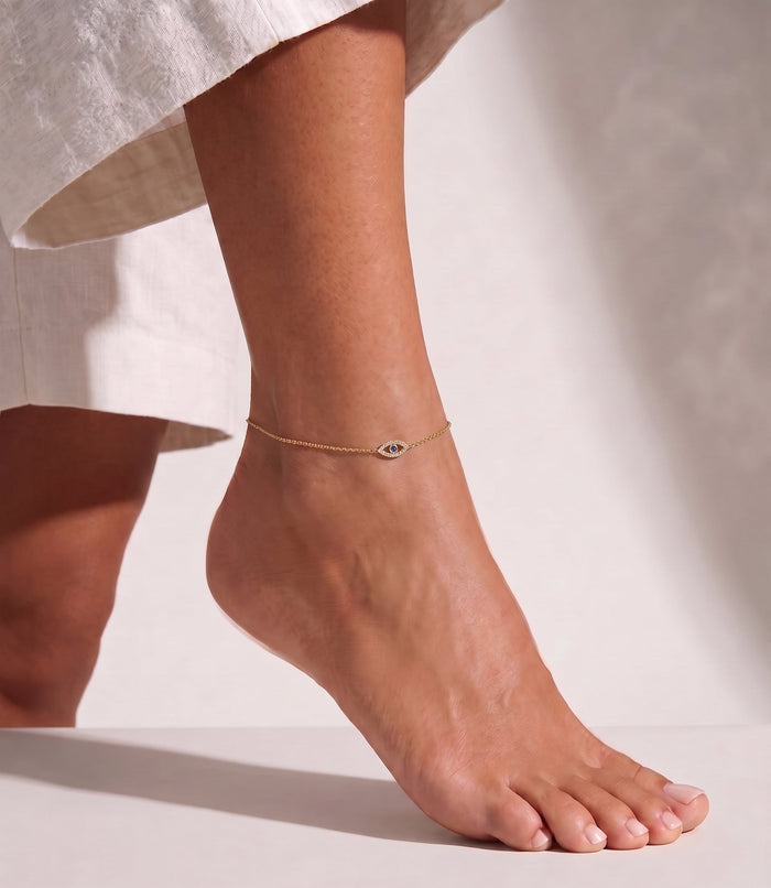 14K Gold Tiny Diamond Evil Eye Anklet, photo 2