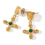 Gold tone drop earrings, 18K gold plated, with textured rectangular studs and dangling cross pendants featuring an emerald green round center stone, no other stones visible, post visible.