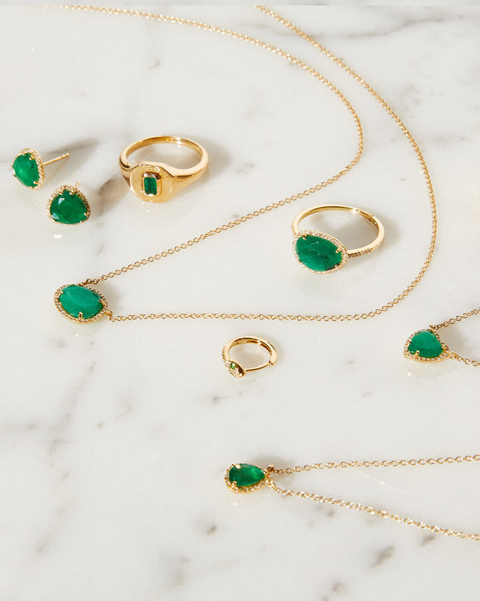 Aretes de botón de esmeralda y diamantes en oro de 14K, foto 4