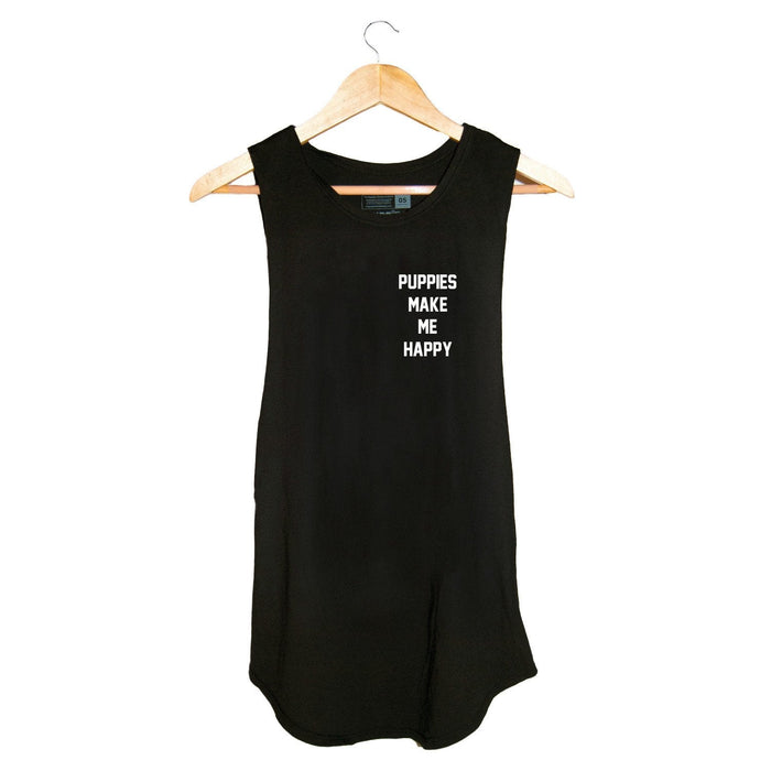Puppies Make Me Happy Motto Sleeveless Top in black