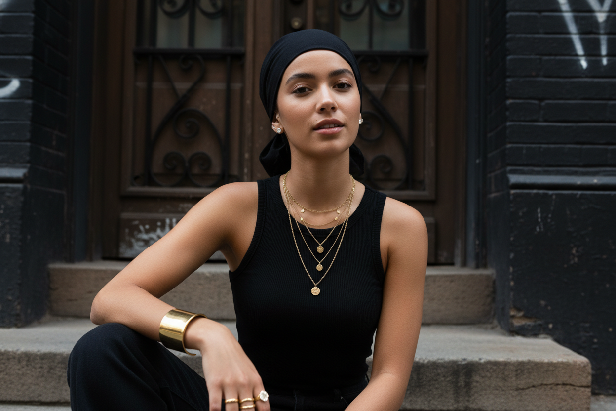 High-quality, gritty street portrait of a Gen Z woman wearing a simple black tank top and a black head wrap. She is accessorized with layered gold chain necklaces, minimalist diamond studs, a thick gold bangle, and stacked rings. The model is sitting on a city stoop with a dark, architectural doorway background. She has a confident, relaxed expression, highlighting the urban, authentic jewelry aesthetic.