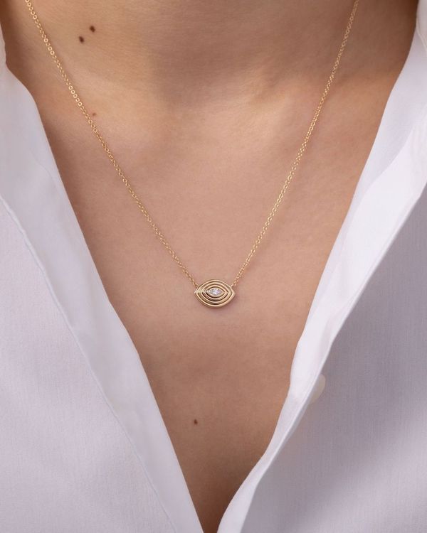 14K Gold Diamond Ribbed Evil Eye Necklace, photo 6