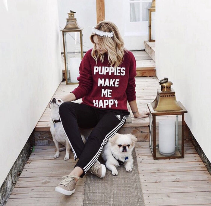 Puppies Make Me Happy Maroon Crewneck Sweatshirt