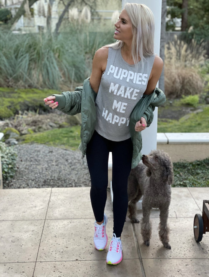 Puppies Make Me Happy Women's Sleeveless Tank in light grey