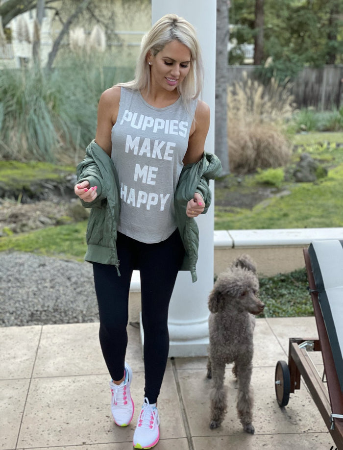 Puppies Make Me Happy Women's Sleeveless Tank in light grey