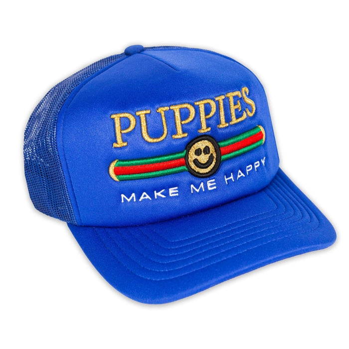 Pup Lux Metallic Gold Puff Trucker Hat in royal blue