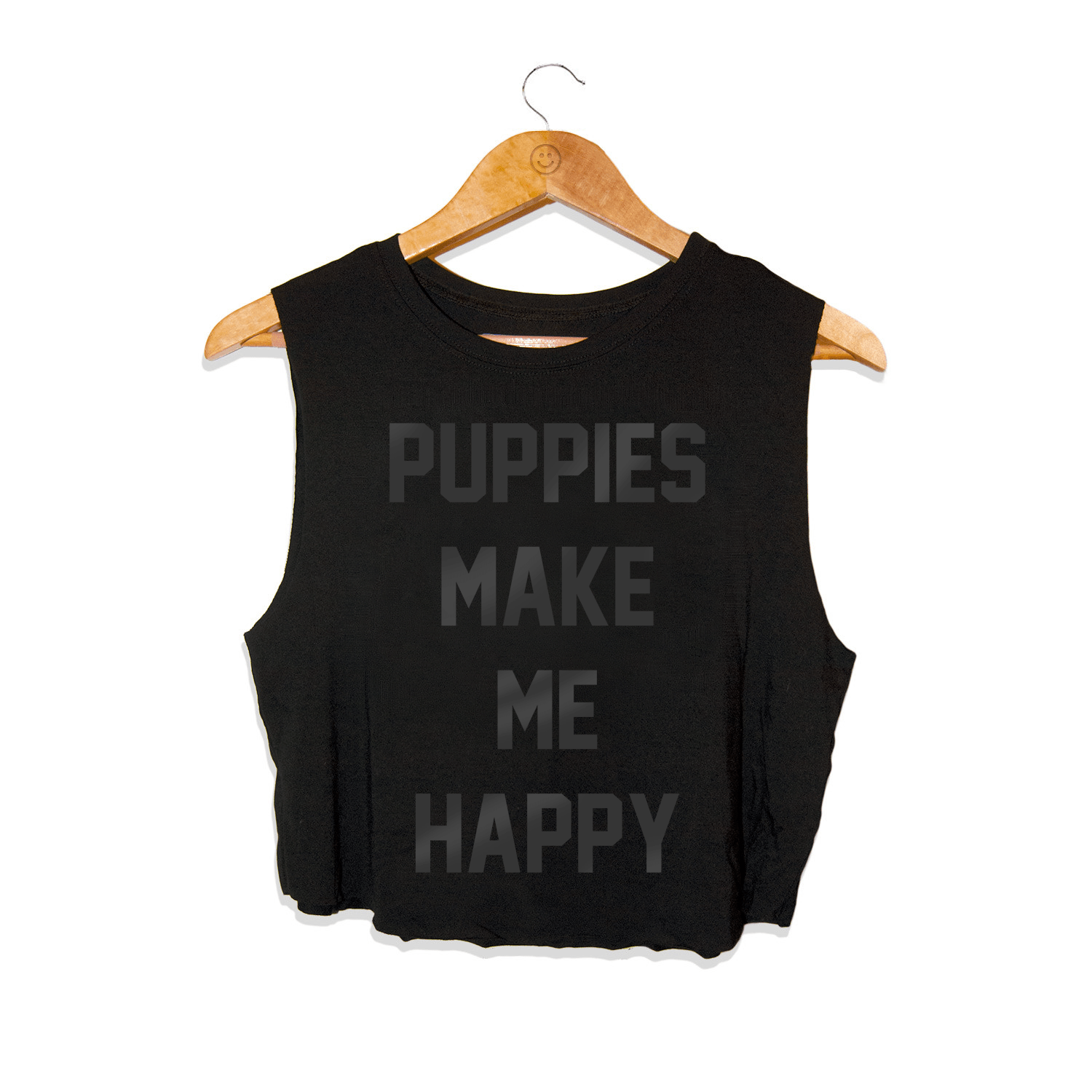 Black Foil Puppies Make Me Happy Crop Top in black foil