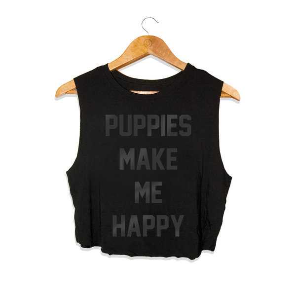 Black Foil Puppies Make Me Happy Crop Top in black foil